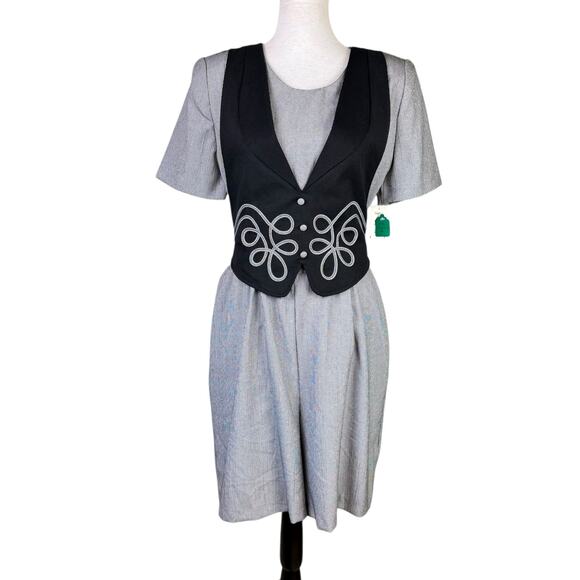 Vintage Miss Dorby NWT 80s Black Houndstooth Embellished Vest Culotte Romper - Picture 1 of 12